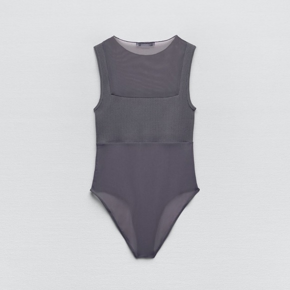NWT Zara Gray Sheer Combination Bodysuit sz. M/L - Picture 2 of 5